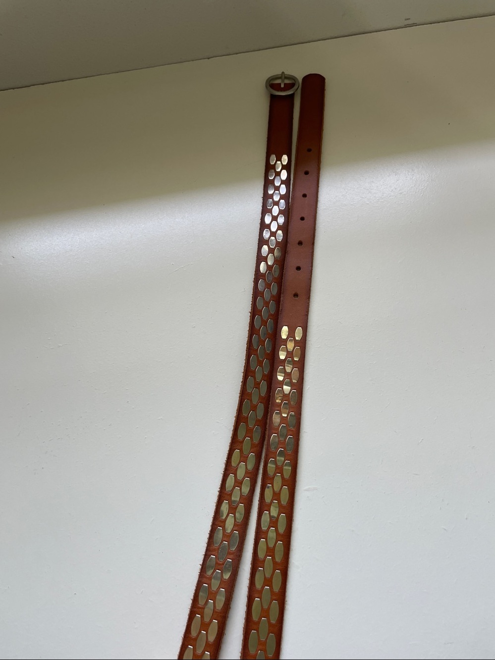 J. Crew Silver Tone Studded Brown Leather Skinny Belt Large Moto Biker Casual - Picture 6 of 9